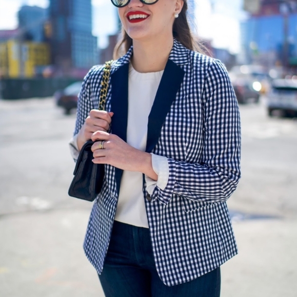 NEW J. CREW Puckered Gingham Blazer Jacket WOMEN'S 8 Navy White Cotton Preppy - Picture 7 of 16